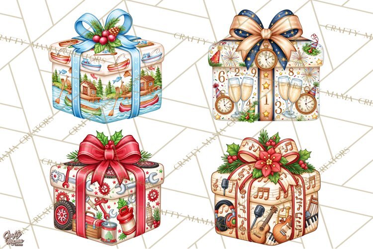 Multi Christmas Gifts Clipart PNG, Themed Wrapped Presents example image 1