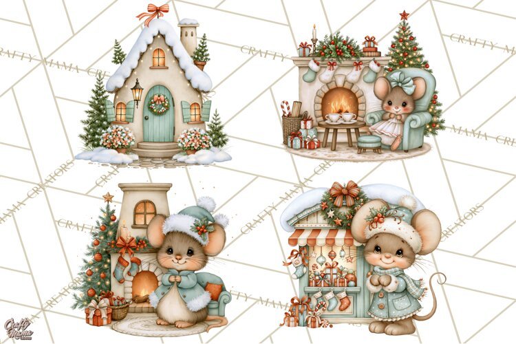 Christmas Mouse Clipart, Pastel Holiday Mice PNG, Nursery example image 1