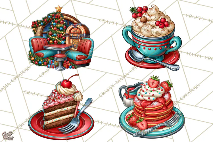 Christmas Retro Diner Clipart PNG 1950s Holiday Food & Decor