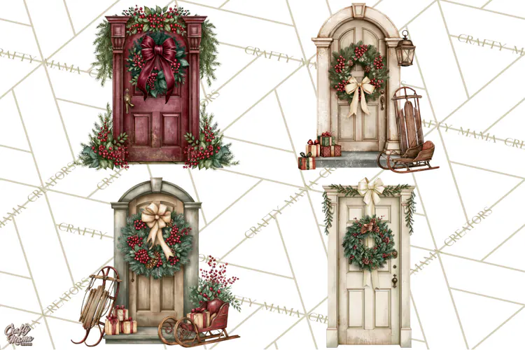 Vintage Christmas Door Clipart, Christmas Door PNG, Holiday