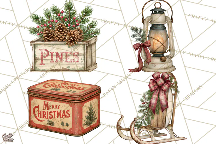 Vintage Farmhouse Christmas Decor PNG