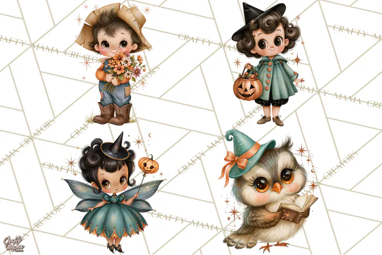 Vintage Halloween Characters Clipart, Retro Witch PNG, 1950s