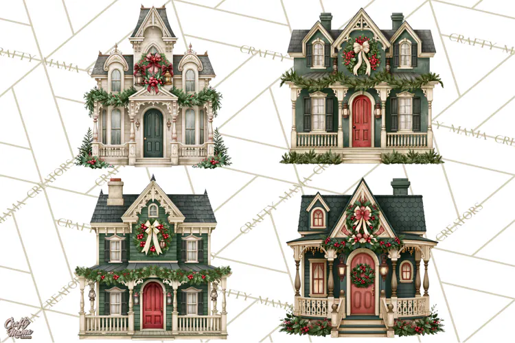 Vintage Christmas Homes Clipart, Christmas House PNG
