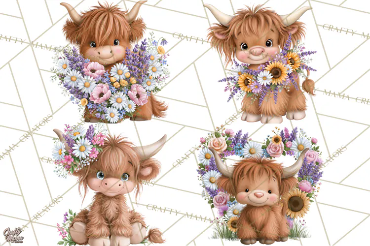Highland Cow Flower Clipart PNG, Floral Cow Clipart, Farm