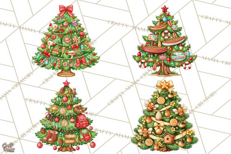 Multi Themed Christmas Trees Clipart PNG example image 1