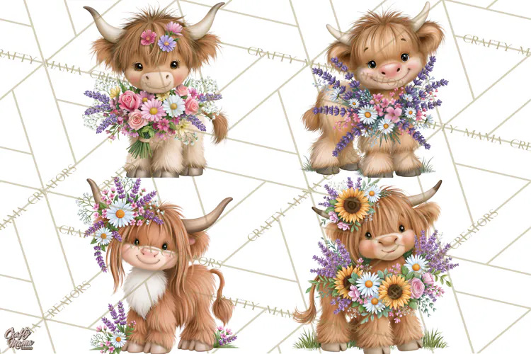 Highland Cow Flower Clipart PNG, Floral Cow Clipart, Farm