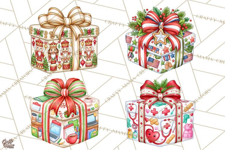 Multi Christmas Gifts Clipart PNG, Themed Wrapped Presents example image 1