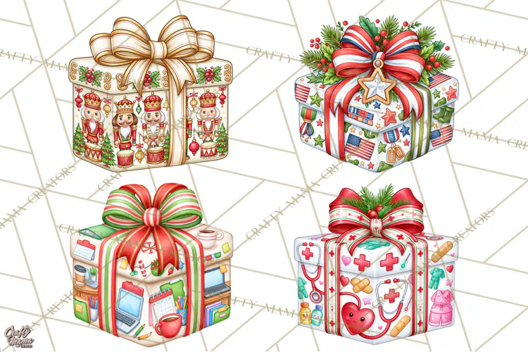 Multi Christmas Gifts Clipart PNG, Themed Wrapped Presents