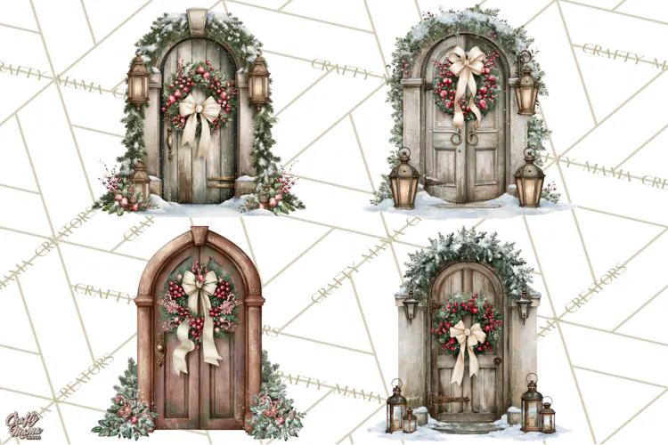 Vintage Christmas Door Clipart, Christmas Door PNG, Holiday