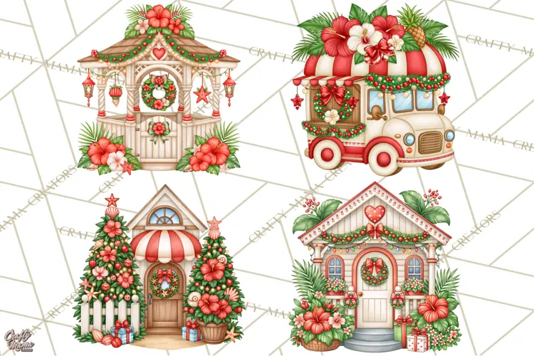 Tropical Christmas Village Clipart PNG, Christmas Village