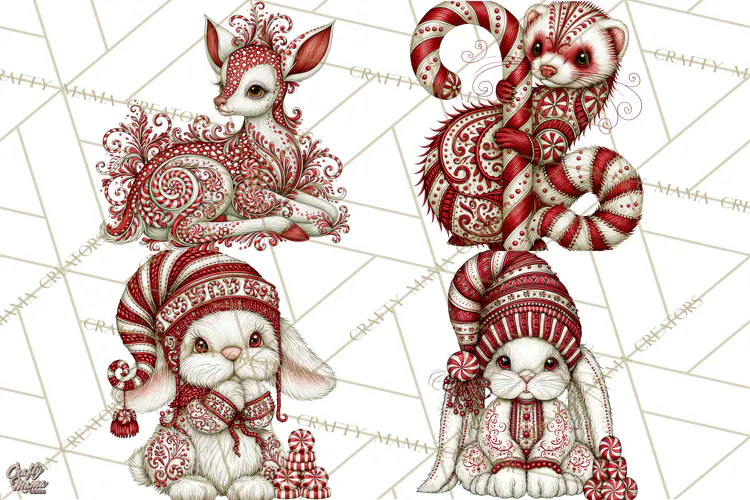 Whimsical Peppermint Animal PNG Christmas Clipart