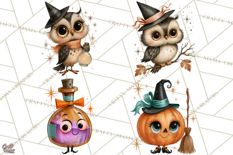 Vintage Halloween Characters Clipart, Retro Witch PNG, 1950s