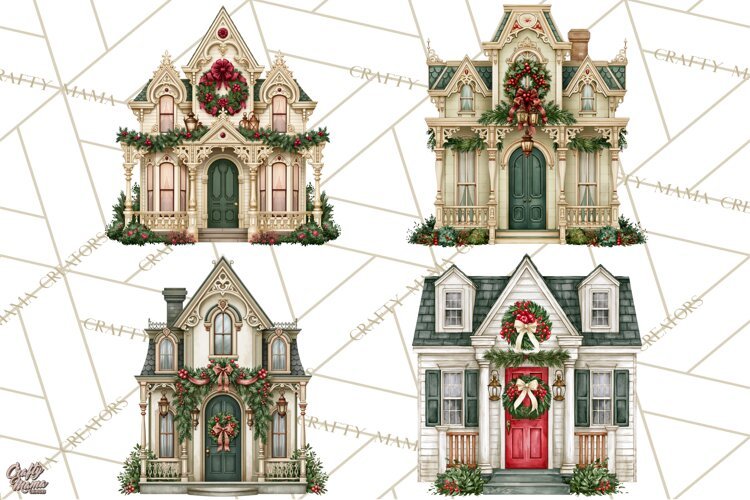 Vintage Christmas Homes Clipart, Christmas House PNG example image 1