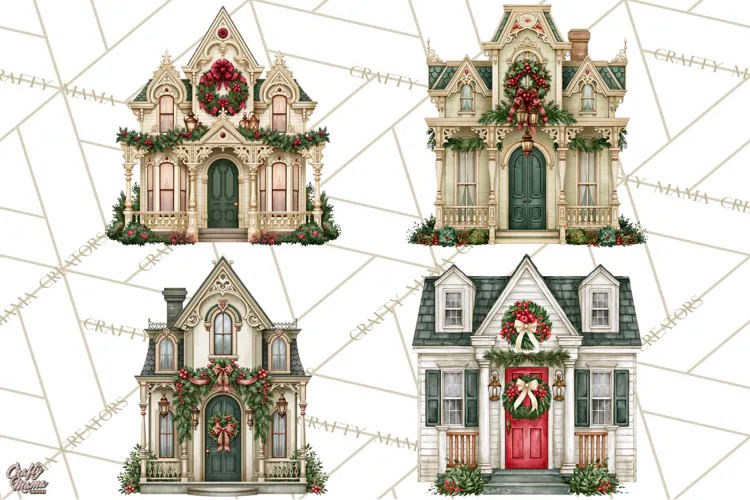 Vintage Christmas Homes Clipart, Christmas House PNG