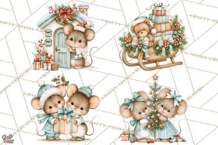 Christmas Mouse Clipart, Pastel Holiday Mice PNG, Nursery example image 1
