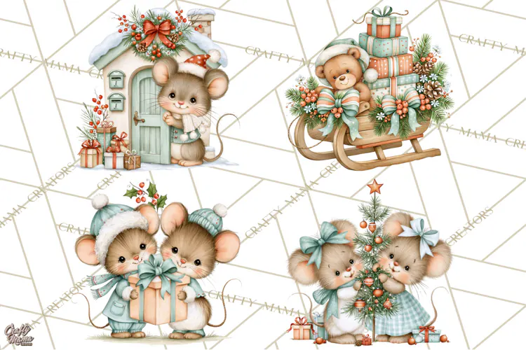 Christmas Mouse Clipart, Pastel Holiday Mice PNG, Nursery