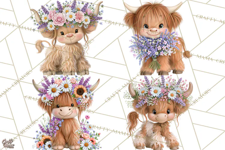 Highland Cow Flower Clipart PNG, Floral Cow Clipart, Farm