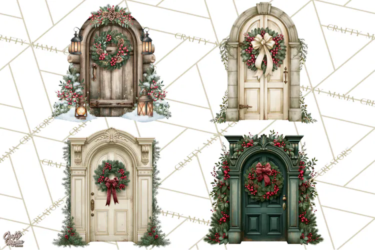 Vintage Christmas Door Clipart, Christmas Door PNG, Holiday