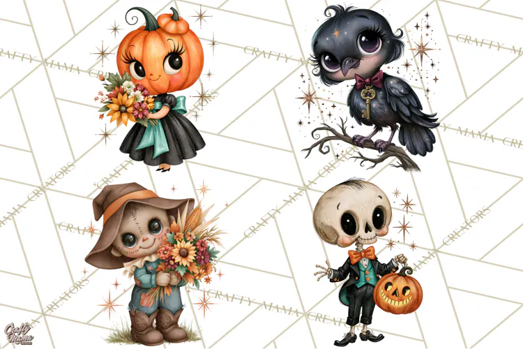 Vintage Halloween Characters Clipart, Retro Witch PNG, 1950s