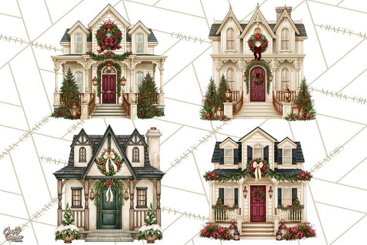Vintage Christmas Homes Clipart, Christmas House PNG example image 1