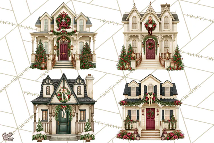 Vintage Christmas Homes Clipart, Christmas House PNG