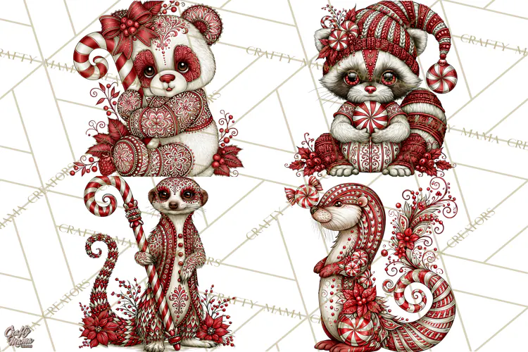 Whimsical Peppermint Animal PNG Christmas Clipart
