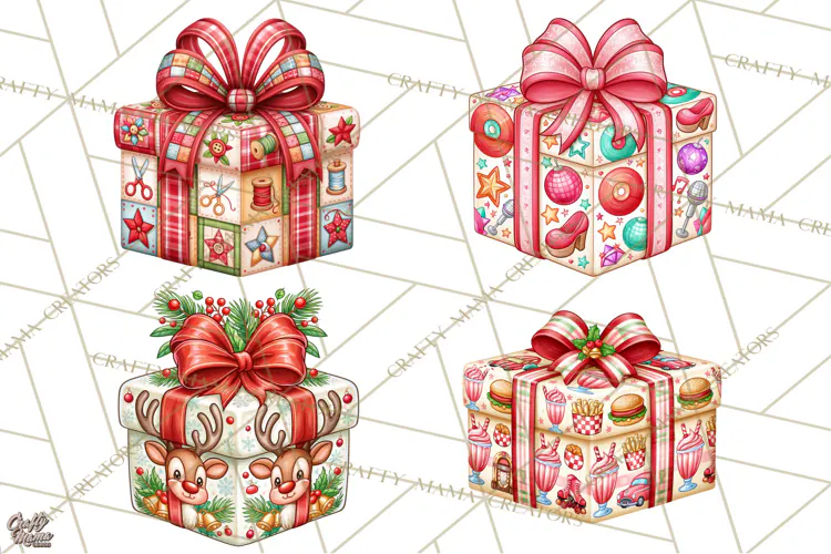 Multi Christmas Gifts Clipart PNG, Themed Wrapped Presents