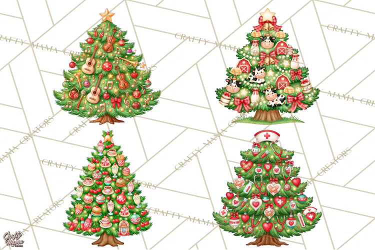 Multi Themed Christmas Trees Clipart PNG
