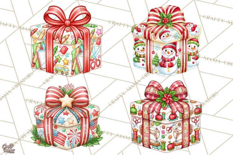 Multi Christmas Gifts Clipart PNG, Themed Wrapped Presents example image 1