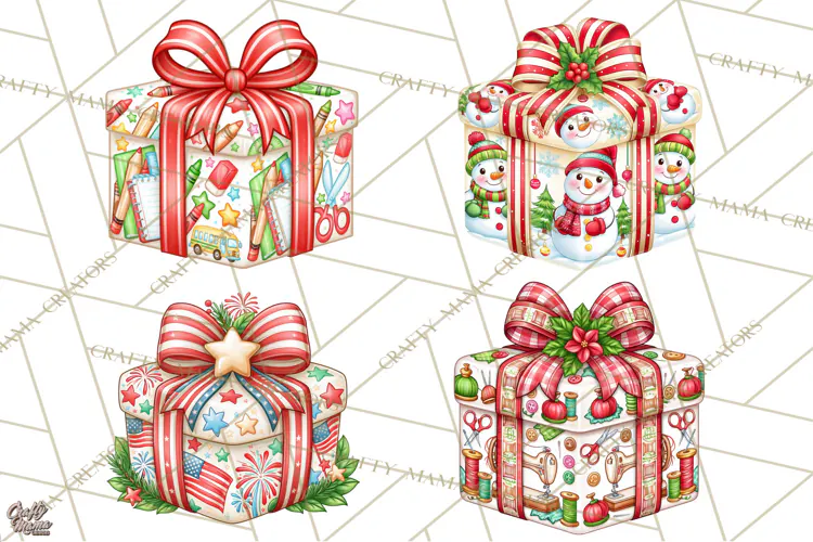 Multi Christmas Gifts Clipart PNG, Themed Wrapped Presents
