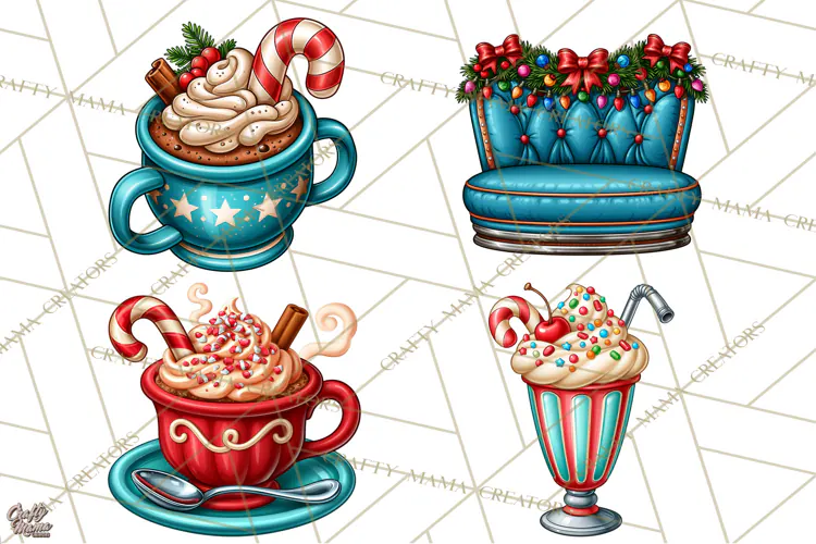Christmas Retro Diner Clipart PNG 1950s Holiday Food & Decor
