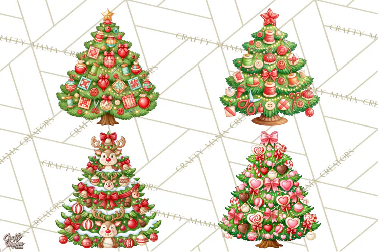 Multi Themed Christmas Trees Clipart PNG