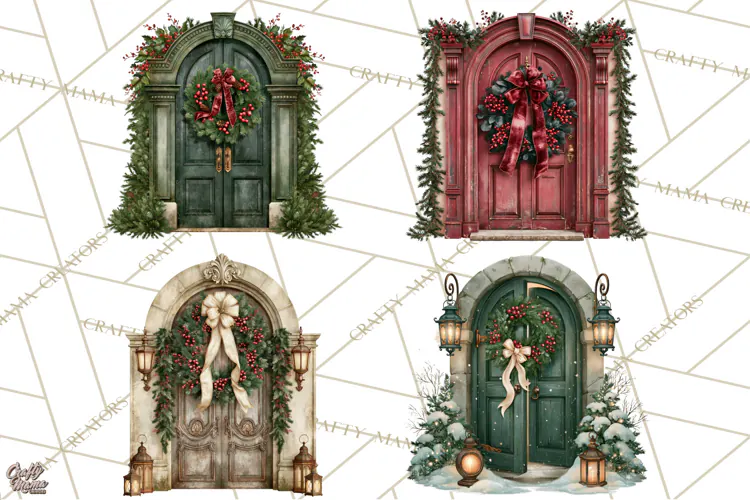 Vintage Christmas Door Clipart, Christmas Door PNG, Holiday