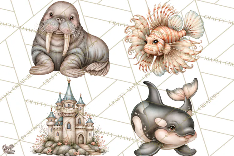Ocean Animals Clipart Watercolor PNG, Sea Life Graphics