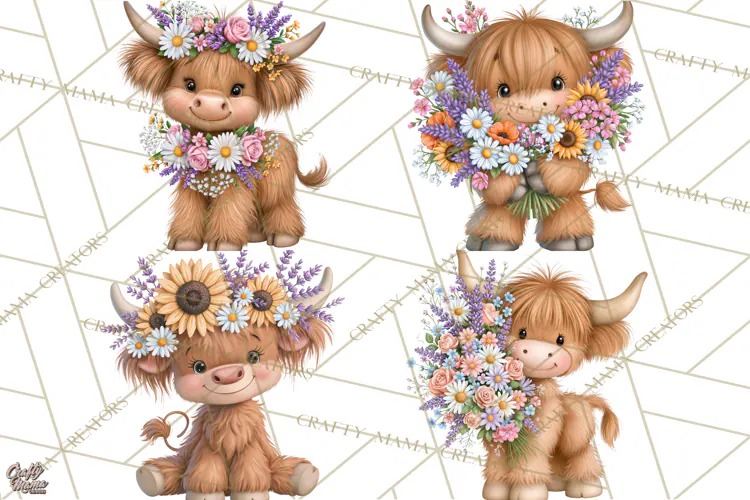 Highland Cow Flower Clipart PNG, Floral Cow Clipart, Farm