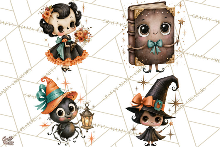 Vintage Halloween Characters Clipart, Retro Witch PNG, 1950s example image 1