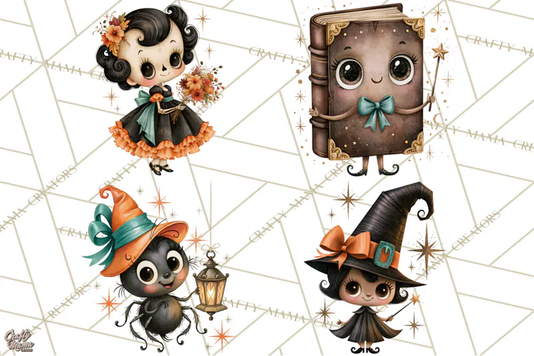 Vintage Halloween Characters Clipart, Retro Witch PNG, 1950s