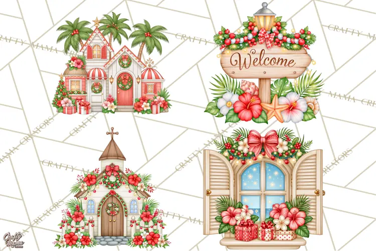 Tropical Christmas Village Clipart PNG, Christmas Village