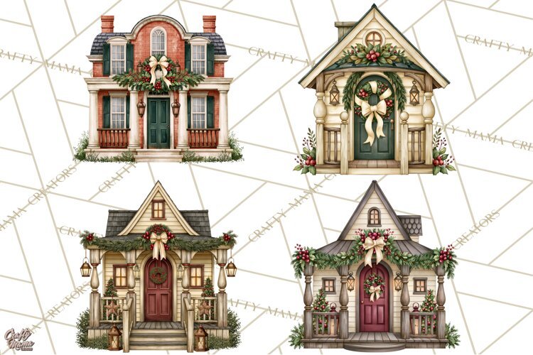 Vintage Christmas Homes Clipart, Christmas House PNG example image 1