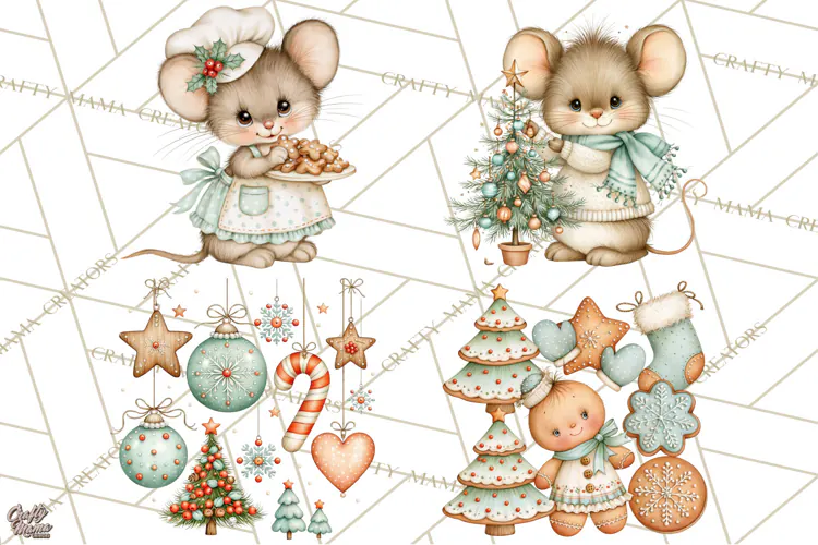 Christmas Mouse Clipart, Pastel Holiday Mice PNG, Nursery