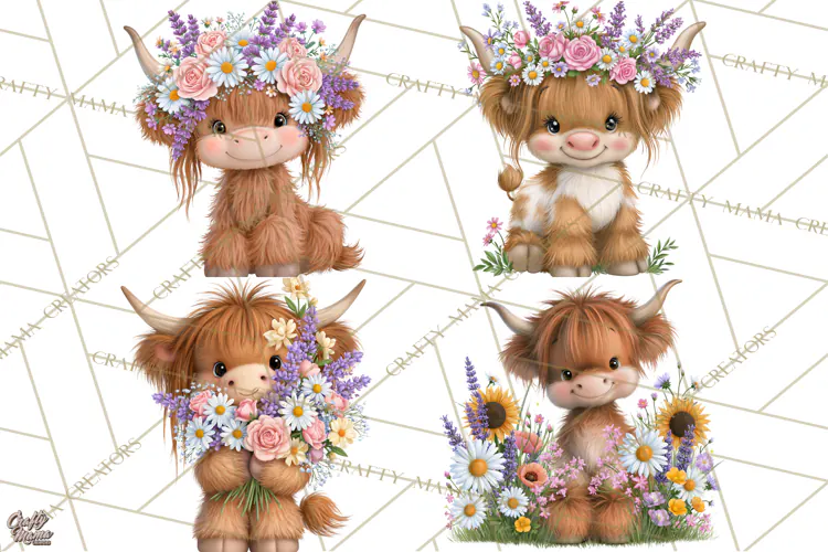 Highland Cow Flower Clipart PNG, Floral Cow Clipart, Farm
