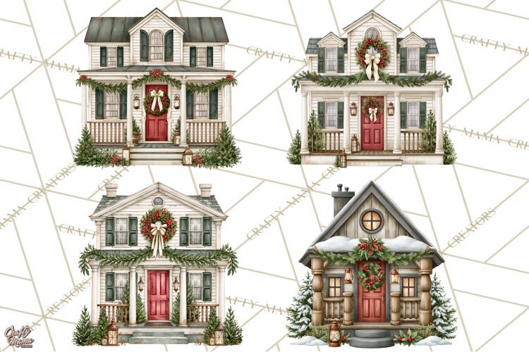 Vintage Christmas Homes Clipart, Christmas House PNG example image 1