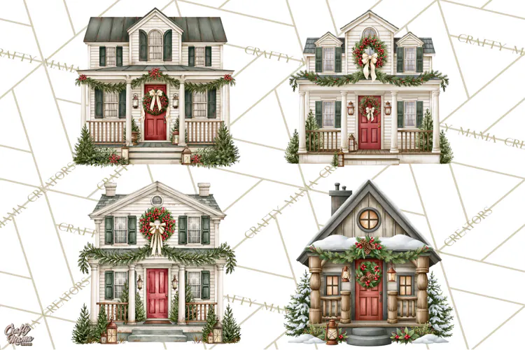 Vintage Christmas Homes Clipart, Christmas House PNG