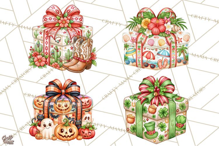 Multi Christmas Gifts Clipart PNG, Themed Wrapped Presents example image 1