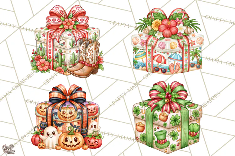 Multi Christmas Gifts Clipart PNG, Themed Wrapped Presents
