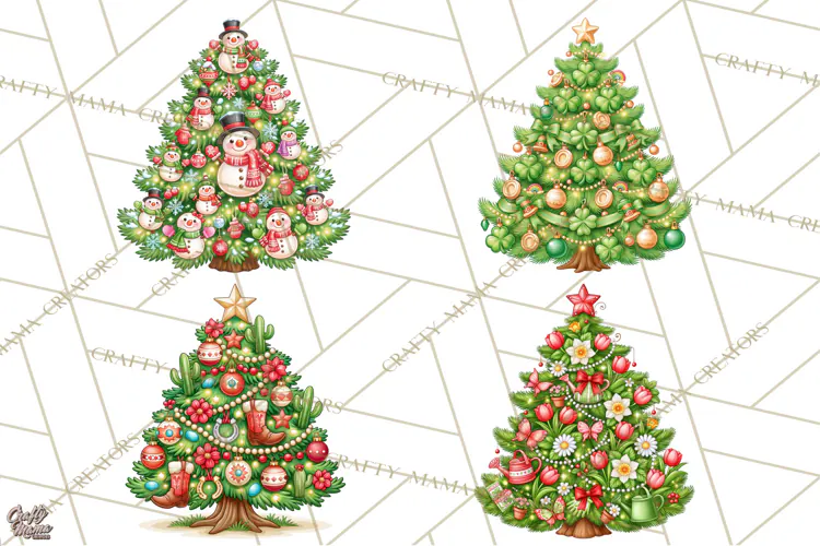 Multi Themed Christmas Trees Clipart PNG