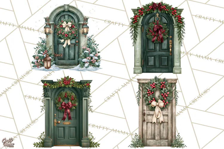 Vintage Christmas Door Clipart, Christmas Door PNG, Holiday