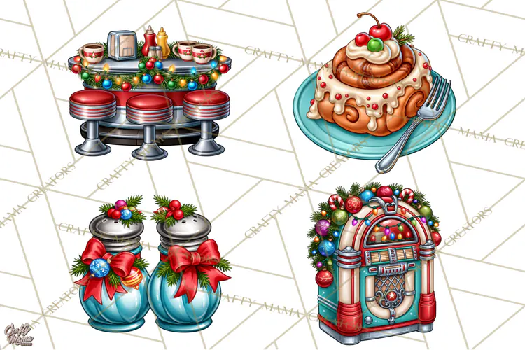 Christmas Retro Diner Clipart PNG 1950s Holiday Food & Decor