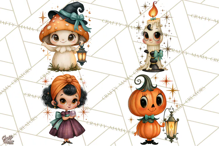 Vintage Halloween Characters Clipart, Retro Witch PNG, 1950s
