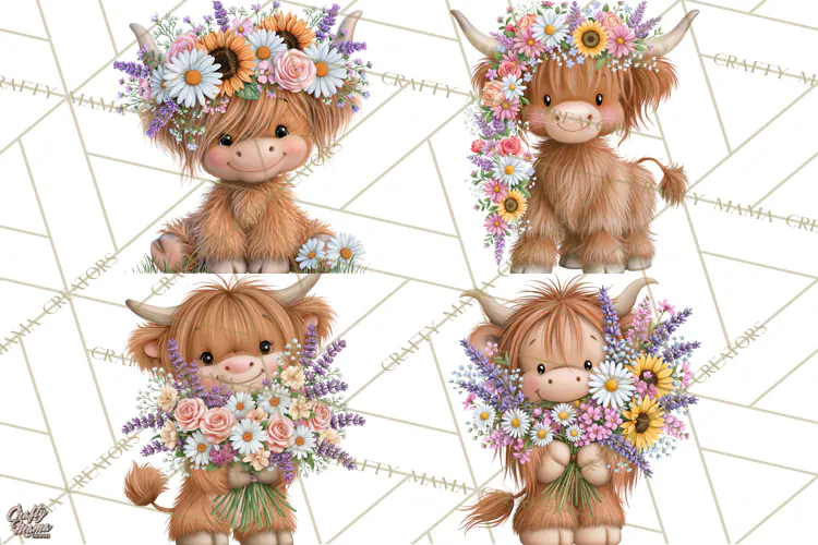 Highland Cow Flower Clipart PNG, Floral Cow Clipart, Farm